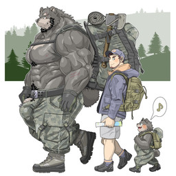 age_difference anthro axe backpack beard belt big_bulge big_muscles big_pecs big_penis black_body black_fur black_hair body_hair boots bottomwear brown_hair bulge cargo_pants chest_hair clothed clothing crescent_(shape) facial_hair facial_scar family footwear fur gay_dads genitals group hair hat headgear headwear hiking huge_pecs human_on_anthro interspecies jacket larger_anthro larger_male male male/male map mature_anthro mature_male melee_weapon muscular muscular_anthro muscular_male navel older_male pants pecs penis penis_base penis_poking_out penis_through_fly plant pubes scar shoes size_difference smaller_human smaller_male tail topless topwear tree trio unzipped unzipped_pants weapon young young_anthro young_male younger_male zipper chan_kiti_chan bear black_bear human mammal ursine 1:1 2022 hi_res father_(lore) father_and_child_(lore) father_and_son_(lore) parent_(lore) parent_and_child_(lore) parent_and_son_(lore) son_(lore)