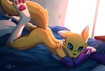 anthro arm_warmers arm_warmers_only armwear backlighting black_sclera blue_eyes breasts clothing feet female fluffy fluffy_tail fur light looking_at_viewer neck_tuft nude nude_anthro nude_female pawpads side_boob solo tail tuft yellow_body yellow_fur enginetrap bandai_namco digimon digimon_(species) renamon 2025 hi_res lighting