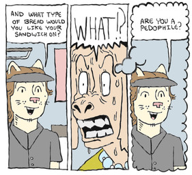 ambiguous_gender anthro bodily_fluids brown_hair clothing dialogue duo employee employee_uniform female hair imagination jewelry misunderstanding necklace shirt shocked smile speech_bubble sweat text thought_bubble topwear visor whiskers yelling rexalogy ambiguous_species domestic_cat felid feline felis mammal comic english_text