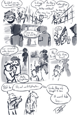 anthro clothed clothing dialogue duo flustered group locker male nervous playful_banter queue surprised text upset ravid_anml joey_adelis_(ravid_anml) tobias_hecaucatl_(ravid_anml) american_opossum domestic_ferret mammal marsupial mustelid musteline true_musteline weasel absurd_res comic english_text hi_res