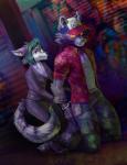 anthro clothed clothing cuff_(restraint) duo female fur graffiti hair handcuffs hands_behind_back hat headgear headwear male metal_cuffs restraints shackles smile standing narico canid canine fox mammal absurd_res hi_res