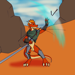 anthro armor arrow_(weapon) balls blood bodily_fluids cloak clothing countershading desert facial_spikes foreskin genitals gloves hair handwear horn humanoid_genitalia humanoid_penis jaw_spikes magic magic_user male melee_weapon orange_eyes orange_hair penis ranged_weapon red_body solo spikes spikes_(anatomy) standing sword weapon wounded fyreblazes zaw_(fyreblazes) kobold scalie 1:1 hi_res
