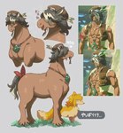 alternate_species brown_body duo eye_behind_hair feral feralized fur furrification male multicolored_body multicolored_fur muscular size_difference text yellow_body yellow_fur sugata1616 nintendo tears_of_the_kingdom the_legend_of_zelda link tauro_(tloz) canid canine equid equine fox horse human mammal hi_res japanese_text