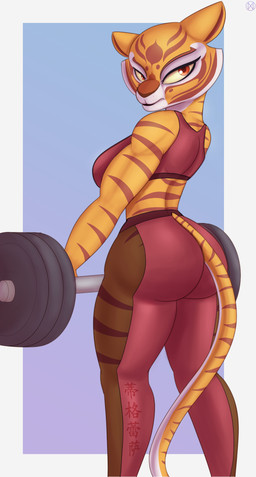 anthro biceps big_breasts big_butt bottomwear bra breasts butt clothing exercise female looking_at_viewer looking_back muscular muscular_anthro muscular_female pants solo sports_bra thick_thighs underwear weightlifting workout yoga_pants conditional_dnp nexcoyotlgt dreamworks kung_fu_panda master_tigress felid mammal pantherine tiger 2020 absurd_res hi_res