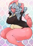 anthro arms_above_head blue_hair breasts clothed clothing eyes_closed female fur hair open_mouth partially_clothed pattern_background pink_body pink_fur shirt simple_background sitting solo stretching teeth tongue tongue_out topwear underwear bewitchedink raiku_nakashima canid canine canis hybrid jackal komodo_dragon lizard mammal monitor_lizard reptile scalie hi_res signature