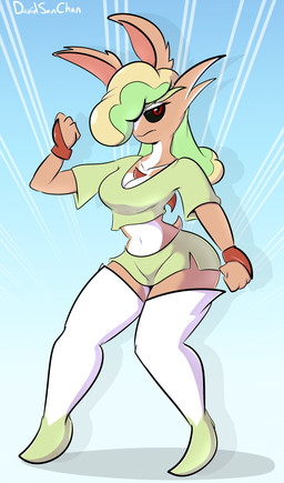 absolute_territory anthro black_sclera blonde_hair breasts brown_body brown_fur cleavage clothed clothing countershading crop_top female fur green_clothing green_hair green_miniskirt green_shirt green_topwear hair hair_over_eye legwear looking_at_viewer multicolored_hair navel pose red_eyes shirt simple_background small_waist solo tail thigh_highs topwear two_tone_hair white_body white_clothing white_countershading white_legwear white_thigh_highs davidsanchan nintendo pokemon gardevoir generation_3_pokemon generation_4_pokemon hybrid lopunny pokemon_(species) 2022 full-length_portrait hi_res portrait
