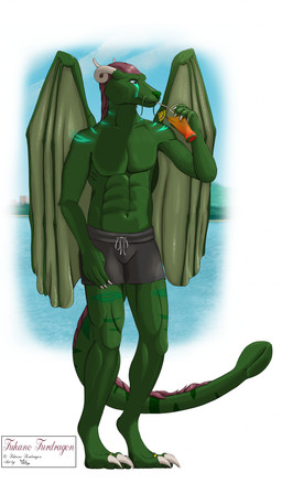 anthro back_wings bottomwear clothing drinking horn jewelry male shorts solo tail tail_mouth unusual_anatomy unusual_tail wings mel_vixen_(artist) mythology fukano_(fukano) dragon mythological_creature mythological_scalie scalie absurd_res hi_res