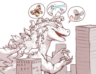 ambiguous_gender building carrying_another city dialogue feral group lying on_head on_top on_top_of skyscraper speech_bubble symbol young young_feral iguanamouth godzilla_(series) monsterverse mothra_(series) toho godzilla mothra arthropod insect kaiju lepidopteran moth reptile scalie pictographics parent_(lore)