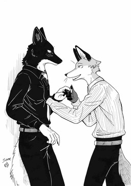 accessory anthro belt black_body black_bottomwear black_clothing black_fur black_pants black_shirt black_topwear blush bottomwear claws clothed clothing duo ears_back ears_up facing_each_other fur grey_body grey_fur hand_holding looking_at_another male male/male necktie open_mouth pants pawpads pivoted_ears shirt standing tail topwear touching_chest touching_hand whiskers white_body white_fur white_necktie some_(someone) eat_(mucknagabe) lufria_(mucknagabe) riza_(mucknagabe) canid canine canis fox mammal wolf absurd_res black_and_white hi_res monochrome