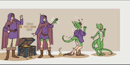 blush clothing cursed_object female green_body looting solo transformation wardrobe_malfunction yellow_eyes secretagentmittens flurp human kobold mammal scalie hi_res letterbox