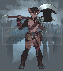 abs anthro armor armpit_hair athletic athletic_male axe balls belt belt_buckle belt_pouch big_penis black_hair bodily_fluids body_hair boots buckle clothed clothing countershading crotch_tuft dripping footwear genital_fluids genitals hair huge_penis humanoid_genitalia humanoid_penis looking_at_viewer male melee_weapon nipples partially_clothed penis precum precum_drip red_eyes shoes solo standing tuft unconvincing_armor weapon castbound russell_(castbound) canid canine canis domestic_dog mammal hi_res watermark