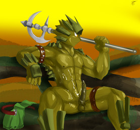 axe balls bodily_fluids cum erection genital_fluids genitals green_body green_skin holding_object holding_weapon humanoid_genitalia humanoid_penis long_penis male melee_weapon messy muscular muscular_male nude penis sitting solo tapering_penis thick_thighs weapon yellow_eyes sheer_(artist) monster