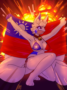 anthro bikini clothing explosion female flag flag_(object) flag_bikini flag_swimwear holding_flag holding_object multi_tail solo swimwear tail taiwanese_flag two-piece_swimsuit 87_god 2025 3:4 hi_res