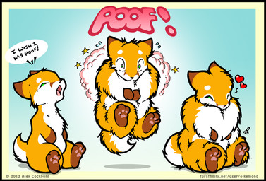 ambiguous_gender anthro base_one_layout basic_sequence black_border bodily_fluids border brown_body brown_fur dialogue dipstick_ears ear_markings eyes_closed fluffy flying_sweatdrops fur gloves_(marking) green_eyes heart_symbol leg_markings linear_sequence markings multicolored_ears one_row_layout open_mouth orange_body orange_fur pawpads poof simple_background sitting smile socks_(marking) solo speech_bubble surprised sweat sweatdrop text three_frame_image three_frame_sequence transformation transformation_sequence white_body white_fur o-kemono canid canine fox mammal 2013 digital_drawing_(artwork) digital_media_(artwork) english_text sequence url