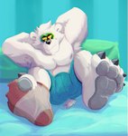 4_toes anthro barefoot bed black_claws blue_background bottomwear claws clothed clothing feet foot_fetish foot_focus full_foot_pawpads fur furniture hole_in_socks looking_at_viewer lying lying_on_bed male navel nipples on_back on_bed pattern_background paws pecs round_ears shorts simple_background smile smiling_at_viewer solo striped_background stripes teeth toe_claws toes topless topless_anthro topless_male white_body white_fur jozzu stroberto bear mammal polar_bear ursine 2022 hi_res