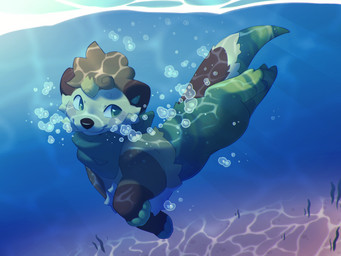 black_nose brown_body brown_fur brown_hair bubble day feral fur green_eyes hair kerchief looking_back male smile solo swimming tail underwater water shiones mammal mustelid otter hi_res