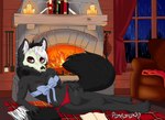 anthro big_breasts bone bow_ribbon breasts candle cleavage clothed clothing female fire fireplace inside lying mask skull skull_mask solo under_boob underwear pandazar canid canine canis mammal wolf