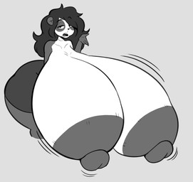 anthro big_breasts big_nipples black_hair bored breasts clothing female genitals hair huge_breasts hyper hyper_breasts hyper_genitalia legwear long_hair nipples solo stockings thewilldpink ailurid mammal red_panda monochrome sketch