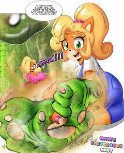 5_toes anthro bodily_fluids butt clothing colored_nails colored_toenails dirty dirty_clothing dirty_socks duo extreme_size_difference feet female female/female foot_fetish foot_focus foot_play footwear holiday_message holidays humanoid_feet micro nails plantigrade size_difference smelly smelly_feet smelly_socks sock_fetish socks soles sweat sweaty_feet text toenails toes torn_clothing torn_footwear torn_socks nitiek-star activision crash_bandicoot_(series) easter coco_bandicoot tawna_bandicoot bandicoot mammal marsupial absurd_res english_text hi_res