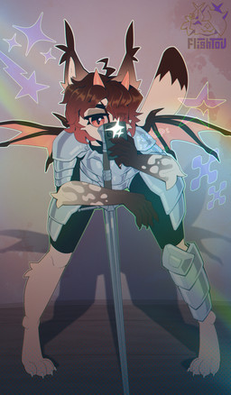 anthro armor bat_wings cellphone electronics horn knight knight_armor male melee_weapon membrane_(anatomy) membranous_wings phone selfie smartphone solo sword tassels warrior weapon wings flightov caracal caracal_(genus) demon felid feline mammal hi_res