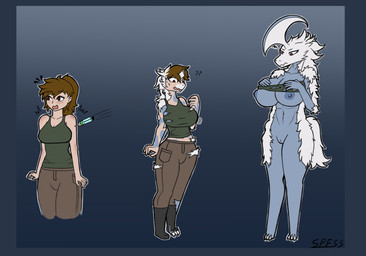 abs anthro basic_sequence big_breasts blue_body blue_skin breasts claws clothed clothing female fluffy fluffy_tail fur genitals hair horn human_to_anthro injection nipples nude simple_background solo species_transformation tail three_frame_sequence torn_clothing transformation transformation_sequence vulva white_body white_fur spesssmutcentral rimworld human mammal thrumbo absurd_res hi_res sequence