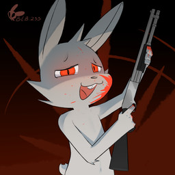 ambiguous_gender anthro blood blood_stain bodily_fluids facial_hair gun looking_at_viewer navel open_mouth rabbit_ears ranged_weapon red_eyes shotgun sideburns solo weapon white_body blb_233 lagomorph mammal 1:1 half-length_portrait hi_res portrait