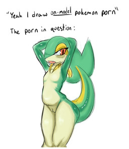 anthro eyelashes fangs featureless_chest female flat_chested front_view genitals green_body hands_behind_head nude open_mouth orange_eyes pupils simple_background slit_pupils solo teeth text thick_thighs vulva white_background wide_hips piopoi nintendo pokemon generation_5_pokemon pokemon_(species) snivy english_text