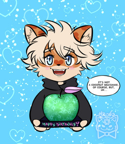 3_fingers anthro apple bangs birthday birthday_gift black_clothing black_hoodie black_nose black_topwear blue_background blue_eyes blush blush_lines cheek_tuft clothed clothed_anthro clothed_female clothing eyebrow_through_hair eyebrows eyelashes eyelashes_through_hair facial_markings facial_tuft fangs female female_anthro fingers food front_view fruit fur giving_gift hair happy head_markings heart_(marking) heart_symbol holding_object hoodie light logo looking_at_viewer markings messy_hair multicolored_body multicolored_fur orange_body orange_fur orange_markings plant red_tongue short_hair simple_background smile smiling_at_viewer solo speech_bubble talking_to_viewer tan_body tan_eyebrows tan_fur tan_hair tan_inner_ear teeth text tongue topwear translucent translucent_hair tuft white_sclera hronowari milky_tiger felid mammal pantherine tiger 2024 artist_logo colored digital_drawing_(artwork) digital_media_(artwork) english_description english_text half-length_portrait hi_res lighting portrait