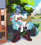 anthro beverage bottomwear clothing detailed_background footwear holding_beverage holding_object male outside shirt shoes shorts sitting sneakers solo tank_top topwear joeyzliaotang canid canine canis mammal wolf absurd_res hi_res