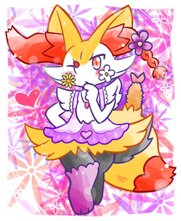 accessory ambiguous_anthro ambiguous_gender anthro biped blush blush_stickers braided_hair clothing digitigrade dipstick_tail dress flower flower_accessory flower_in_hair food front_view hair hair_accessory hand_on_hip heart_symbol jewelry kiss_mark looking_at_viewer markings necklace one_eye_closed one_sock pink_clothing pink_dress plant shrimp_(food) snout solo standing tail tail_markings annyui0611 nintendo pokemon braixen canid generation_6_pokemon mammal pokemon_(species) 2024 digital_drawing_(artwork) digital_media_(artwork) full-length_portrait hi_res japanese_description portrait translated_description