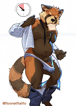 bodily_fluids bread clothing food genital_fluids genitals male penis precum shirt simple_background solo tail topwear underwear moonelmalito mammal procyonid raccoon absurd_res hi_res