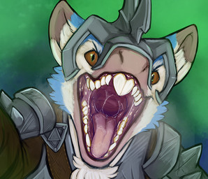anthro blue_body blue_fur bodily_fluids brown_sclera clothed clothing detailed_mouth dipstick_ears ear_markings front_view fur green_eyes grey_helmet male mouth_shot multicolored_ears open_mouth pupils saliva saliva_string shoulder_pads simple_background slit_pupils solo teeth unsigned white_body white_fur acidic warhammer_(franchise) mammal rodent skaven bust_portrait portrait