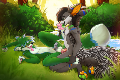 4_toes 5_fingers anthro anthro_on_anthro black_body black_fur black_hair bodily_fluids chastity_cage chastity_cage_only chastity_device chastity_device_only day detailed_background duo feet fingers foot_fetish foot_grab foot_lick foot_play forest fur grass green_body green_fur hair humanoid_hands licking lock male male/male nude outside padlock pawpads paws plant saliva sex soles toes tongue tongue_out tree wearing_chastity_cage wearing_chastity_device magenta7 smacks_(xeronz) canid canine fox mammal 2019 digital_media_(artwork) green_theme