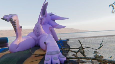4_ears anthro beach beach_towel butt claws detailed_background feet female genitals kita'vali lying multi_ear nude nude_female on_front outside sand seaside small_butt solo tail toe_claws toes towel underfluffies vulva water kwoyak ana_york 3d_(artwork) blender_(artwork) blender_cycles_(artwork) digital_media_(artwork) hi_res widescreen