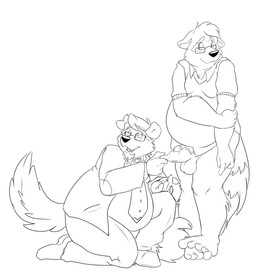 anthro balls belly clothing duo eyewear genitals glasses humanoid_genitalia humanoid_hands humanoid_penis male male/male necktie overweight overweight_male penis shirt simple_background topwear white_background bravo canid canine canis domestic_dog mammal procyonid raccoon 2015 monochrome