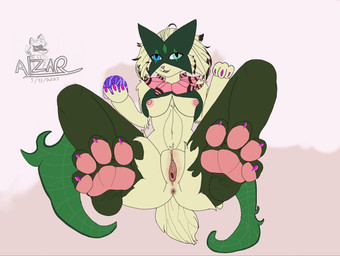 anthro anus areola ball_of_yarn biped blue_eyes breasts claws feet female foot_fetish fur genitals green_body green_eyes green_fur heterochromia humanoid_genitalia humanoid_vulva inviting logo looking_at_viewer lying medium_breasts navel nipples on_back open_mouth open_smile pawpads paws pink_areola pink_nipples pink_vulva presenting presenting_vulva seductive short_tail smile solo speech_bubble spread_legs spreading tail text toe_claws vulva yarn alzar_fox nintendo pokemon generation_9_pokemon meowscarada pokemon_(species) 2025 artist_logo artist_name dated