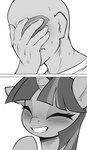 5_fingers blush bodily_fluids duo eyelashes eyes_closed female feral fingers hooves horn male short_mane smile sweat sweatdrop unicorn_horn ather_os friendship_is_magic hasbro my_little_pony mythology anon twilight_sparkle_(mlp) equid equine human mammal mythological_creature mythological_equine unicorn 2024 absurd_res black_and_white hi_res monochrome