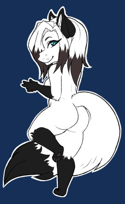 anthro black_body black_fur black_markings blue_eyes butt chibi female fur looking_at_viewer markings presenting presenting_hindquarters slightly_chubby solo white_body white_fur trashdog420 arctic_fox canid canine fox mammal true_fox absurd_res alpha_channel hi_res