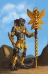 abs anthro armor athletic athletic_anthro athletic_male claws gold_(metal) gold_armor greaves king looking_at_viewer male royalty snake_hood solo staff standing symbolism vambrace valentinapaz cobra reptile scalie snake hi_res