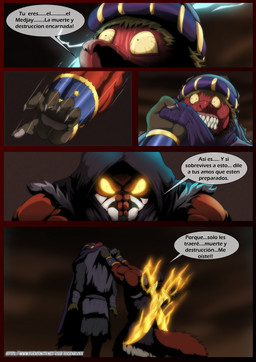 anthro big_muscles bloodshot_eyes bodily_fluids bottomwear clothing dialogue duo electricity exposed_muscle fur glowing glowing_eyes glowing_weapon gore headgear headwear hood lightning male melee_weapon multicolored_body multicolored_fur muscular muscular_anthro red_body red_fur speech_bubble storm sweat sword teeth text topwear two_tone_body two_tone_fur weapon white_body white_fur xxsparcoxx acarius_medjay malek_(xxsparcoxx) teofacio_larna ambiguous_species canid canine fox mammal red_fox true_fox 2024 comic digital_media_(artwork) hi_res spanish_text