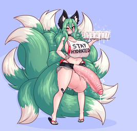 9_tails balls bandage big_balls big_breasts big_penis blush bodily_fluids bottomwear breasts clothed clothed_gynomorph clothed_humanoid clothed_intersex clothing cum cum_as_food cum_drip cum_in_a_cup cum_in_container dripping genital_fluids genitals green_hair grin gynomorph hair heart_symbol huge_balls huge_breasts huge_penis hyper hyper_balls hyper_breasts hyper_genitalia hyper_penis intersex looking_at_viewer midriff motion_lines multi_tail navel one_eye_closed penis red_eyes shorts smile solo standing tail text text_on_clothing text_on_topwear thick_thighs topwear tray wide_hips wink limebreaker animal_humanoid canid canid_humanoid canine canine_humanoid fox_humanoid humanoid mammal mammal_humanoid 2023 absurd_res character_request digital_media_(artwork) english_text hi_res