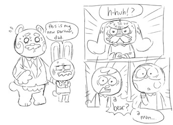 accessory blush bodily_fluids chibi clothing group male male/male necktie shirt slightly_chubby sweat text topwear cubert animal_crossing nintendo beardo_(animal_crossing) gaston_(animal_crossing) bear lagomorph leporid mammal rabbit 2020 comic english_text hi_res monochrome