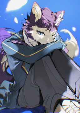 ambiguous_gender anthro biped black_bottomwear black_clothing black_eyes black_pants blue_background blue_clothing blue_coat blue_eyes blue_topwear bottomwear clothed clothed_ambiguous clothed_anthro clothing coat countershade_face countershade_fur countershade_neck countershade_tail countershading dipstick_tail ear_piercing ear_ring footwear foreshortening front_view fully_clothed fully_clothed_ambiguous fully_clothed_anthro fur hair half-closed_eyes inner_ear_fluff looking_at_viewer markings narrowed_eyes one_eye_closed pants piercing plantigrade pupils purple_body purple_fur purple_hair ring_piercing ringed_iris shoes simple_background sitting snout solo tail tail_markings tan_body tan_countershading tan_inner_ear_fluff tan_tail_tip topwear tuft white_clothing white_footwear white_sclera white_shoes white_topwear yellow_clothing yellow_coat yellow_topwear chiayeeee canid mammal 2026 chromatic_aberration digital_drawing_(artwork) digital_media_(artwork) full-length_portrait hi_res portrait signature