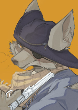 clothed clothing cocky eye_patch eyewear gun hat headgear headwear painting ranged_weapon scar weapon mendobear canid canine canis coyote mammal absurd_res bust_portrait hi_res portrait