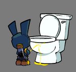 anthro big_ears bodily_fluids bottomwear clothed clothing footwear genital_fluids grey_background hoodie long_ears male messy pants peeing shadow shoes short short_anthro short_male simple_background solo standing sweater toilet toony topwear tube urine sludgetoons dodge_(sludgetoons) lagomorph leporid mammal rabbit 2022 hi_res