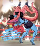 angry anthro blue_body blue_skin blurred_background bodily_fluids bottomwear breasts clothing duo female hair holding_character red_body red_skin scar sharp_teeth shorts suplex sweat teeth text wrestling thedarkzircon amphibia_(series) disney undertale_(series) general_yunan undyne amphibian animal_humanoid fish fish_humanoid humanoid marine marine_humanoid monster newt salamander absurd_res digital_drawing_(artwork) digital_media_(artwork) english_text hi_res