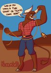 anthro bell belt bottomwear clothing denim denim_bottomwear denim_clothing flannel_shirt jeans lasso male muscular muscular_anthro muscular_male pants simple_background smile solo standing text nokamiwd them's_fightin'_herds texas_(tfh) bovid bovine cattle mammal absurd_res english_text hi_res