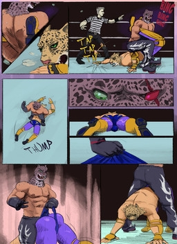 abs anthro back_muscles biceps black_body black_fur bodily_fluids boots bottomwear brown_body brown_fur bulge butt clothed clothing competition duo elbow_pads faceless_character faceless_male fangs fighting_ring fingerless_gloves footwear for_a_head fur gesture gloves grasp green_eyes hand_gesture handwear heterochromia humiliation looking_away looking_down lying male mask muscular muscular_male nipples on_ground onomatopoeia open_mouth pants pecs pointing public public_humiliation red_eyes referee ring rope scar sexual_competition sexual_fight shoes sound_effects speechless sport spots standing sweat teeth text topless underwear wedgie white_body white_fur wrestler wrestling wristband winglesseddie tekken tekken_5 armor_king king_(tekken) animal_head animal_humanoid felid human humanoid hybrid jaguar mammal pantherine 2016 comic