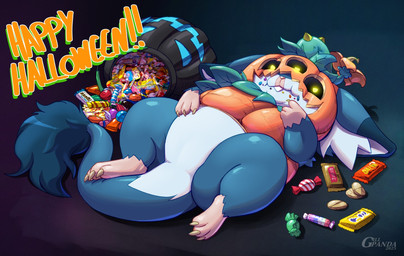 blue_body blue_fur buckteeth candy claws dessert eating featureless_crotch female feral food for_a_head fruit fur holidays lying on_back plant pumpkin pumpkin_head simple_background solo spread_legs spreading tail teeth text thick_thighs wide_hips gillpanda halloween battu alien mammal object_head rodent artist_name hi_res