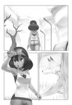 ambiguous_gender duo female feral fur park plant tree jiffic nintendo pokemon sina_(pokemon) canid canine generation_7_pokemon human lycanroc mammal midday_lycanroc pokemon_(species) absurd_res comic digital_media_(artwork) hi_res monochrome